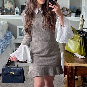 Tweed fitted fit and flare mini dress collar detail and flare sleeves A